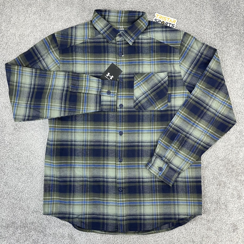 Under Armour UA Expanse Flannel Shirt Mens Large Blue Green Plaid Long Sleeve